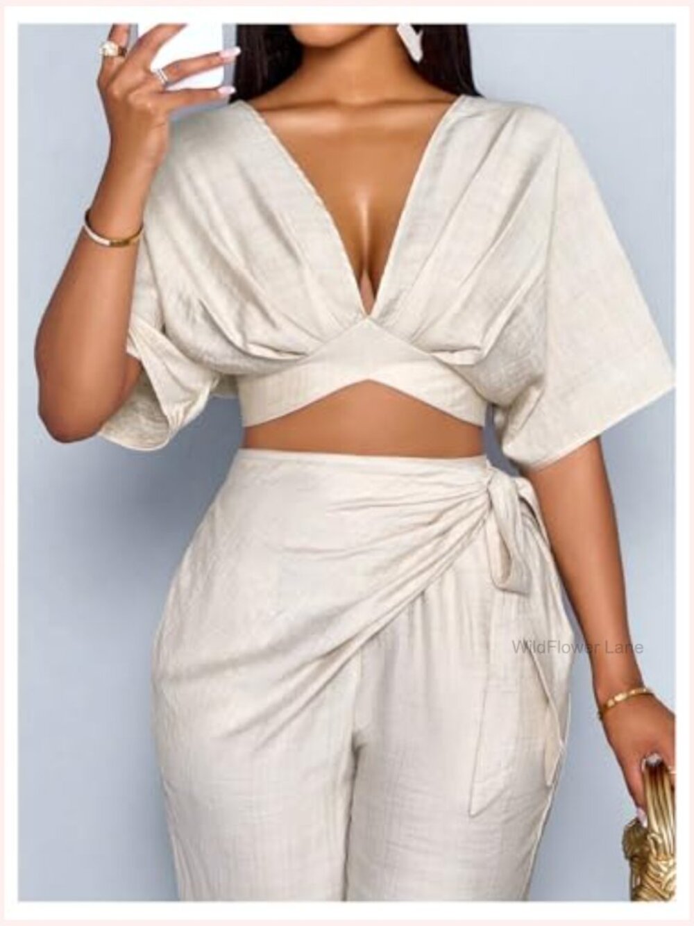 Deep V Neck Tie Back Crop Blouse Dolman Sleeve Party Top - Picture 4 of 5